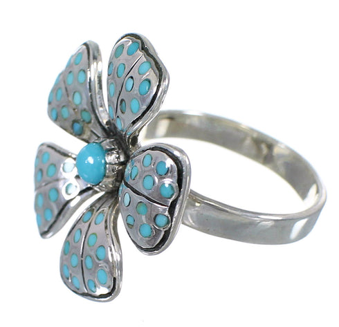 Southwest Authentic Sterling Silver And Turquoise Inlay Flower Ring Size 5 RX88391